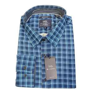 NWT WRK 4 Way Stretch Blue Plaid Button Down Regular Fit Dress Shirt Mens SZ 19